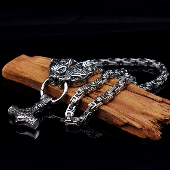 Men Wolf Head Thor Mjolnir Necklace Stainless Steel Norse Viking Thor Hammer Pen - Picture 3 of 3